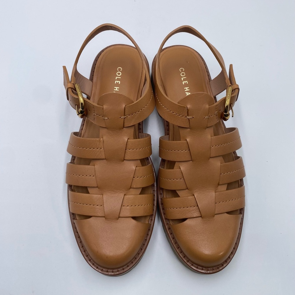Cole Haan Tan Leather Fisherman Sandals with Gold Buckles - Picture 5 of 6